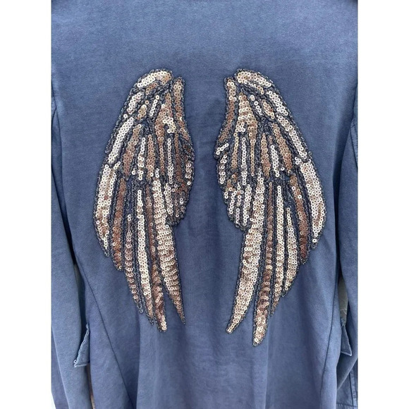 Womens Long Sleeve Italian Military Style Sequins Angel Wings Shirt Top Blue M - Picture 3 of 10